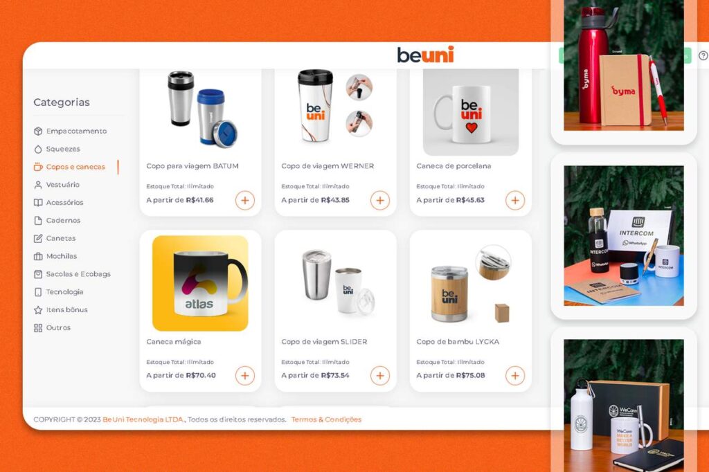Dashboard de compra de brindes e produtos personalizados da BeUni