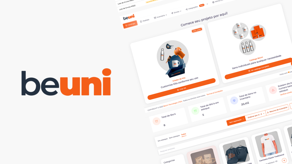 Plataforma da BeUni para compra, armazenamento e envio de brindes e produtos personalizados.