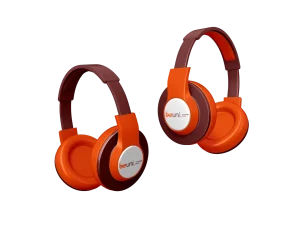 Fones de ouvido modernos na cor laranja e marrom, da marca Beuni, ideais para ouvir música com conforto e estilo.
