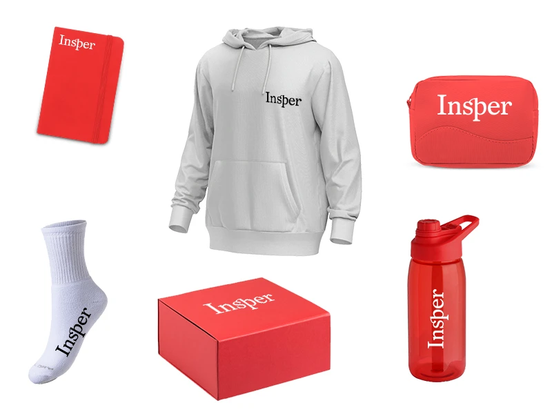 Produtos Inspiradores como moletom, caderno, meias e garrafinha personalizadas com a marca Inspet. Ótimos para uso diário e eventos.