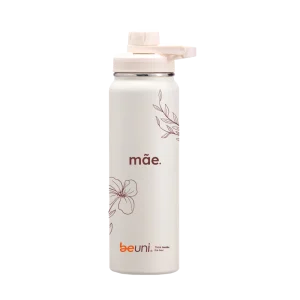 Garrafa de água da marca Beuni com a palavra 'mãe' e desenhos florais, perfeita para presentear e homenagear as mães em qualquer ocasião.