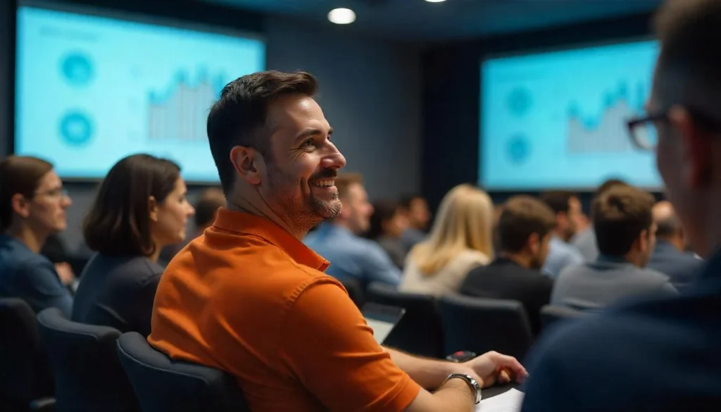 Homem sorridente em um ambiente de conferência, assistindo a uma apresentação com gráficos em tela. A imagem captura a energia positiva do evento.