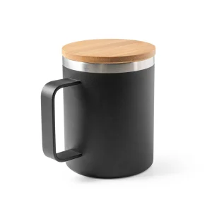 Caneca moderna com tampa de madeira, ideal para manter sua bebida quente ou fria por mais tempo. Design elegante e funcional para uso diário.