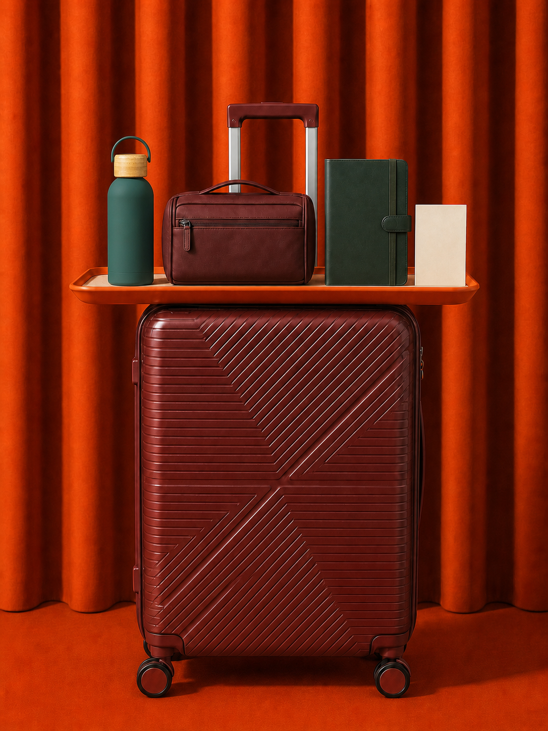 Composição do kit Natal em Viagem com mala, nécessaire, garrafa, caderneta e cartão