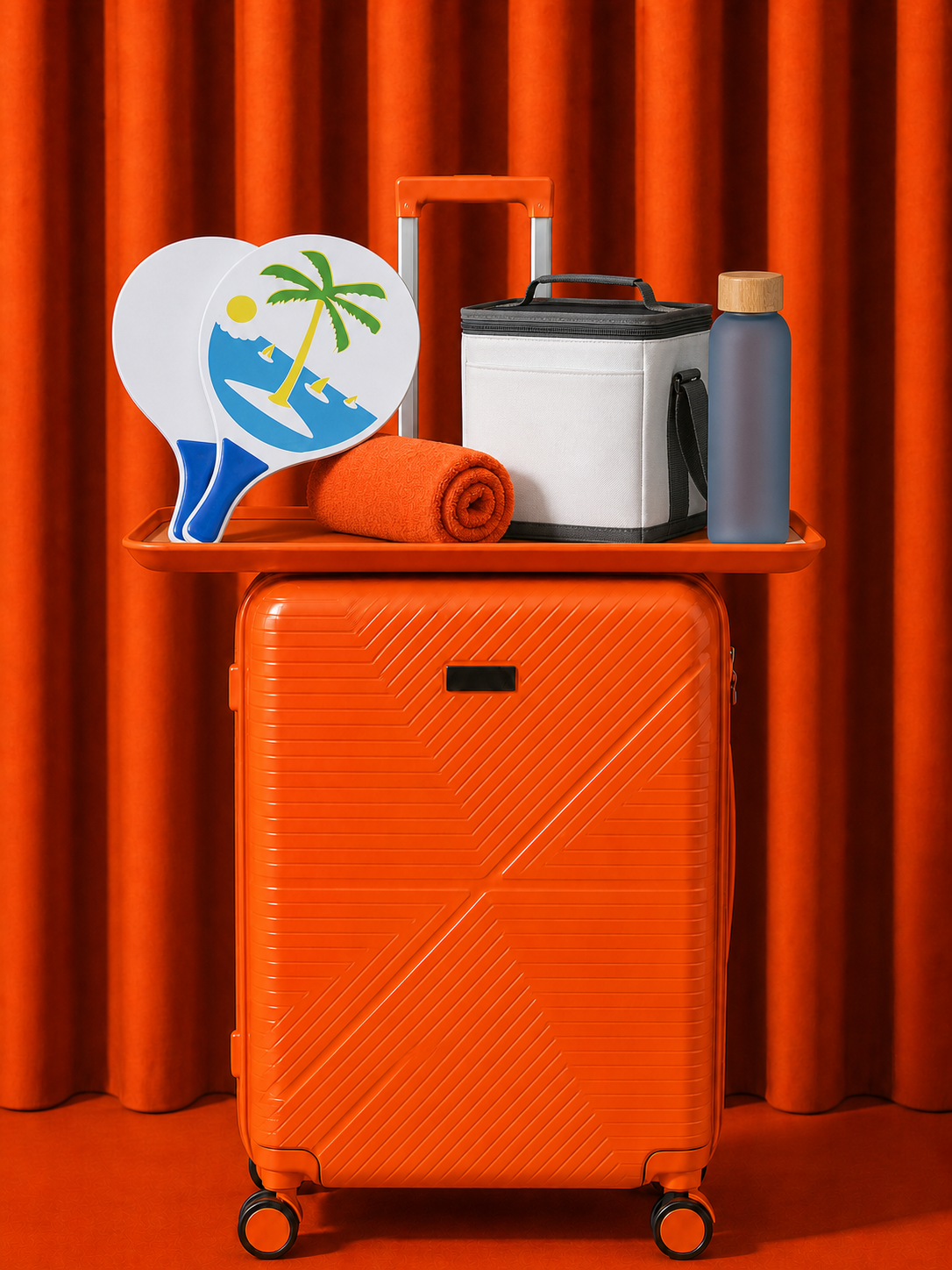 Composição do kit Play nas Férias com mala, frescobol, toalha, bolsa térmica e garrafa
