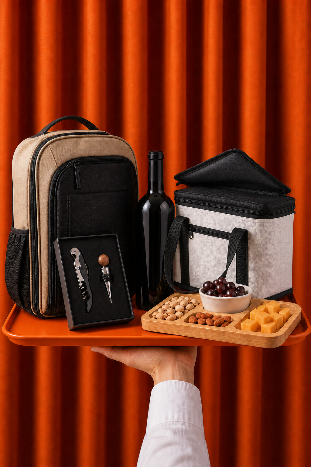 Composição do kit Sabores de Fim de Ano com mochila, vinho, petisqueira e bolsa térmica