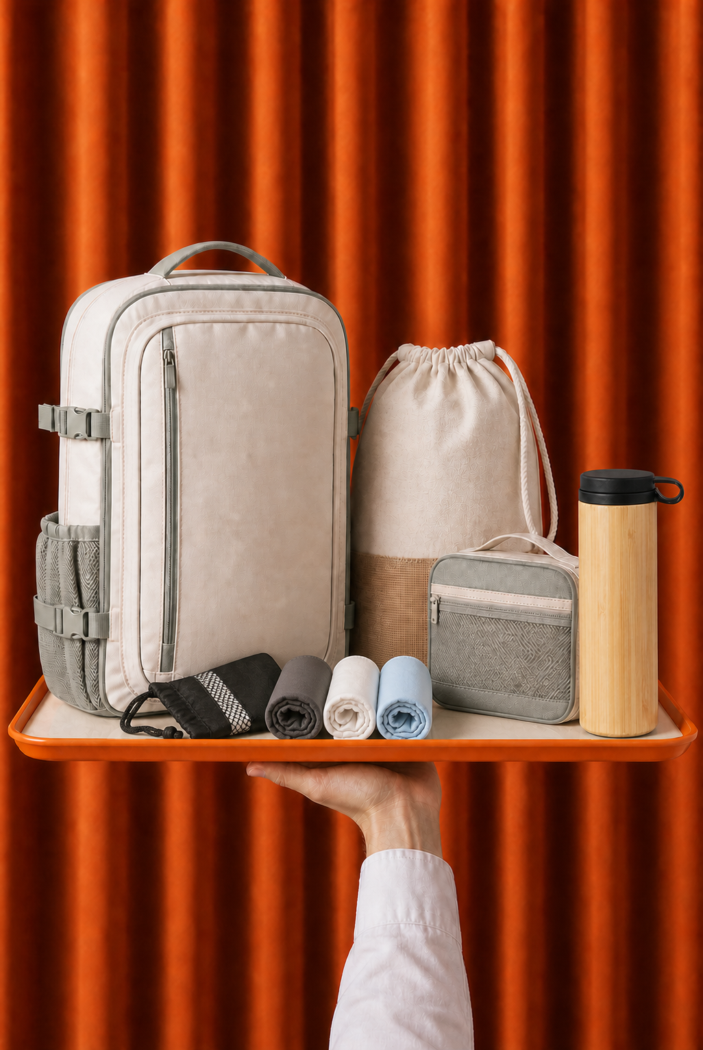 Composição do kit Summer Escape com mochila, sacola, toalha esportiva, nécessaire e garrafa