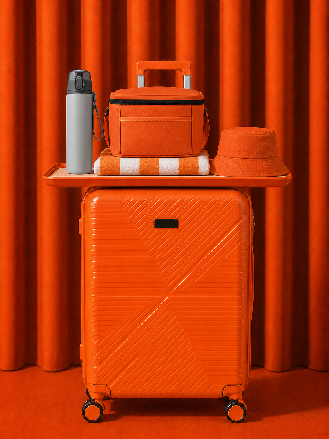 Composição do kit Verão a Bordo com mala, bolsa térmica, toalha, garrafa e chapéu